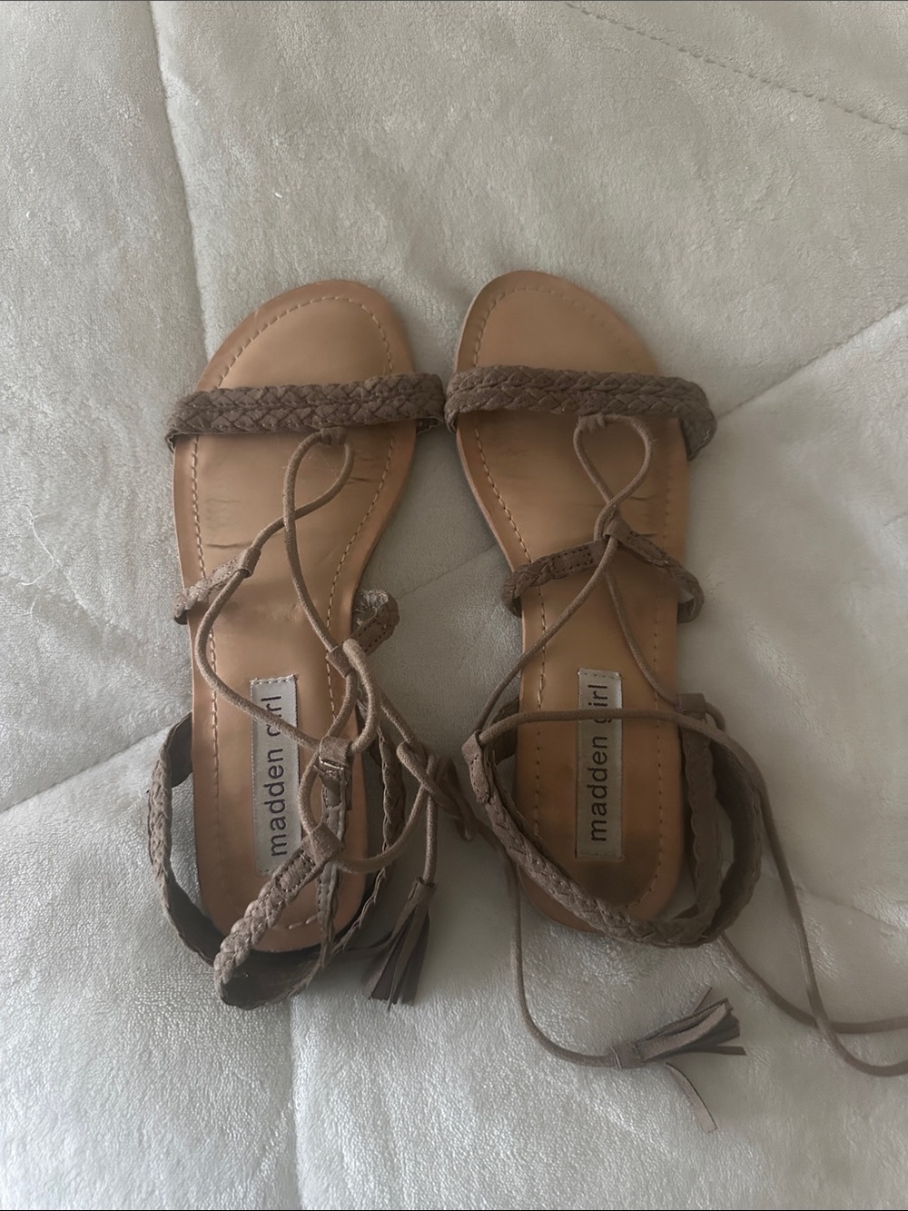 Madden Girl Braided Lace-Up Sandals — Taupe Brown